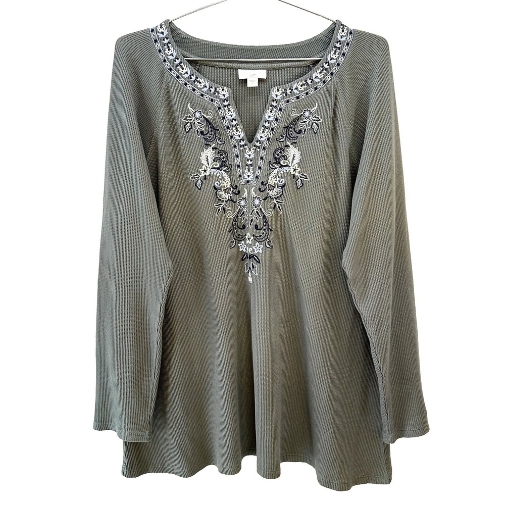 J. JILL Embroidered Waffle Knit Top • Large • green blue • boho cottage Tencel